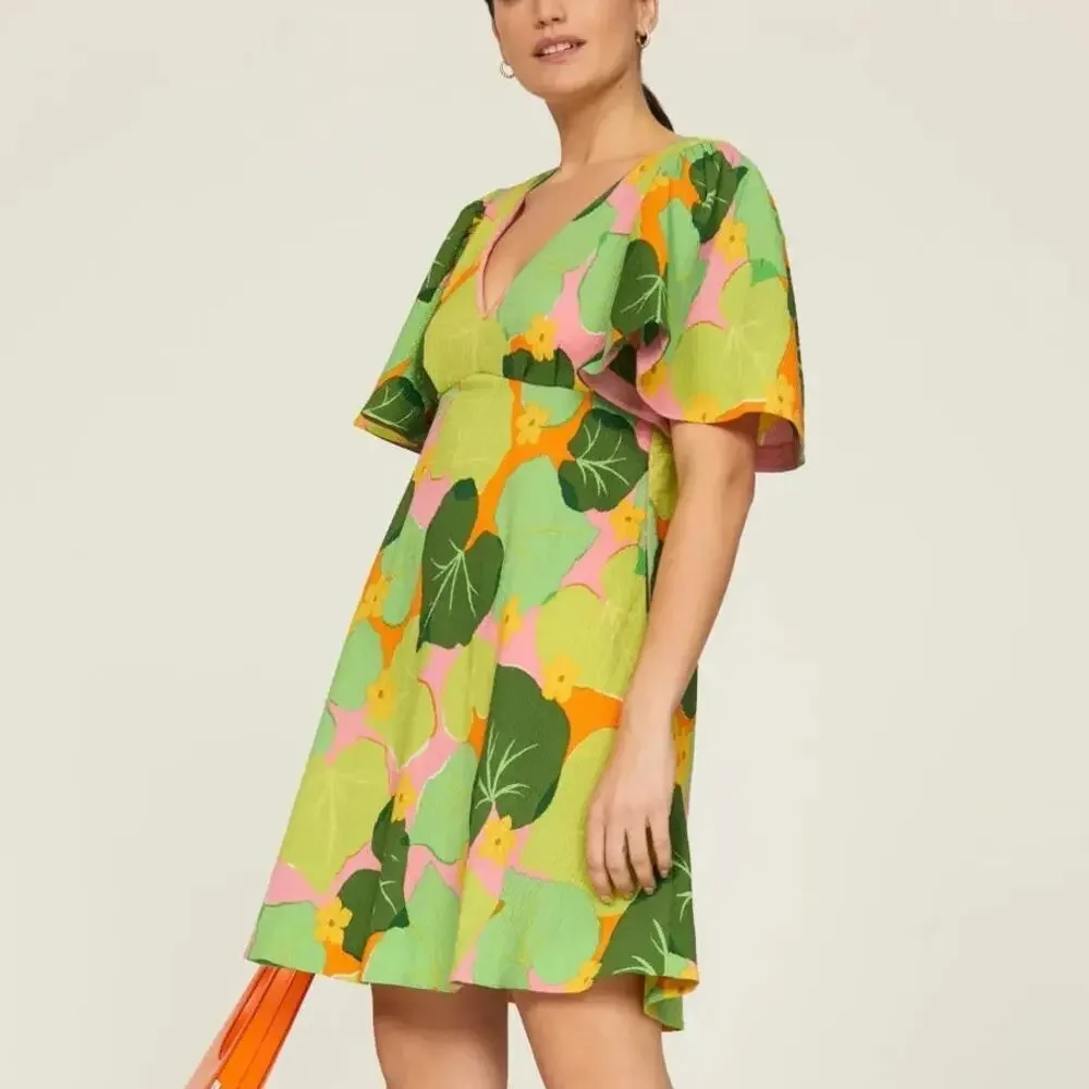 Kate Spade Cucumber Floral Dress Flutter Sleeve Mini Swing Multi 12